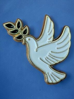 White Dove Enamel Bird Pin with Green Olive Branch